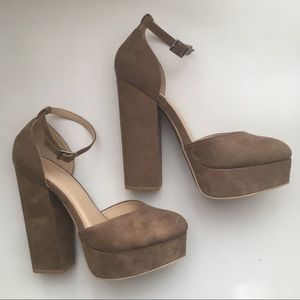 Beige suede chunky platform heels with ankle strap